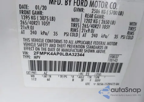 2020 Ford Edge St z USA, uszkodzony, nr VIN 2FMPK4AP0LBA32344
